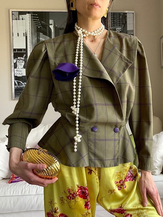 N+L Jackets & Blazers - Wool blend Moss green with purple check peplum blazer
